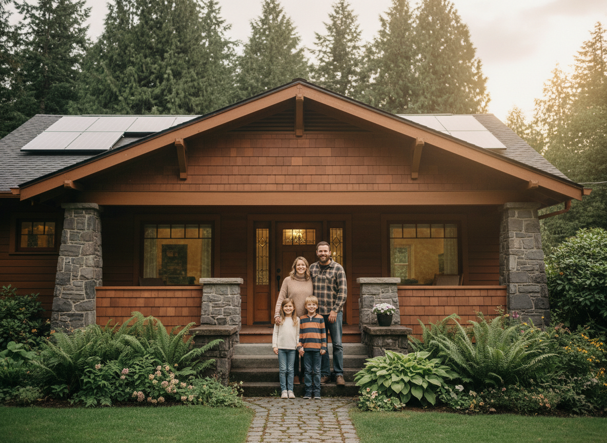 A PNW family standing outside their craftsman home with solar panels